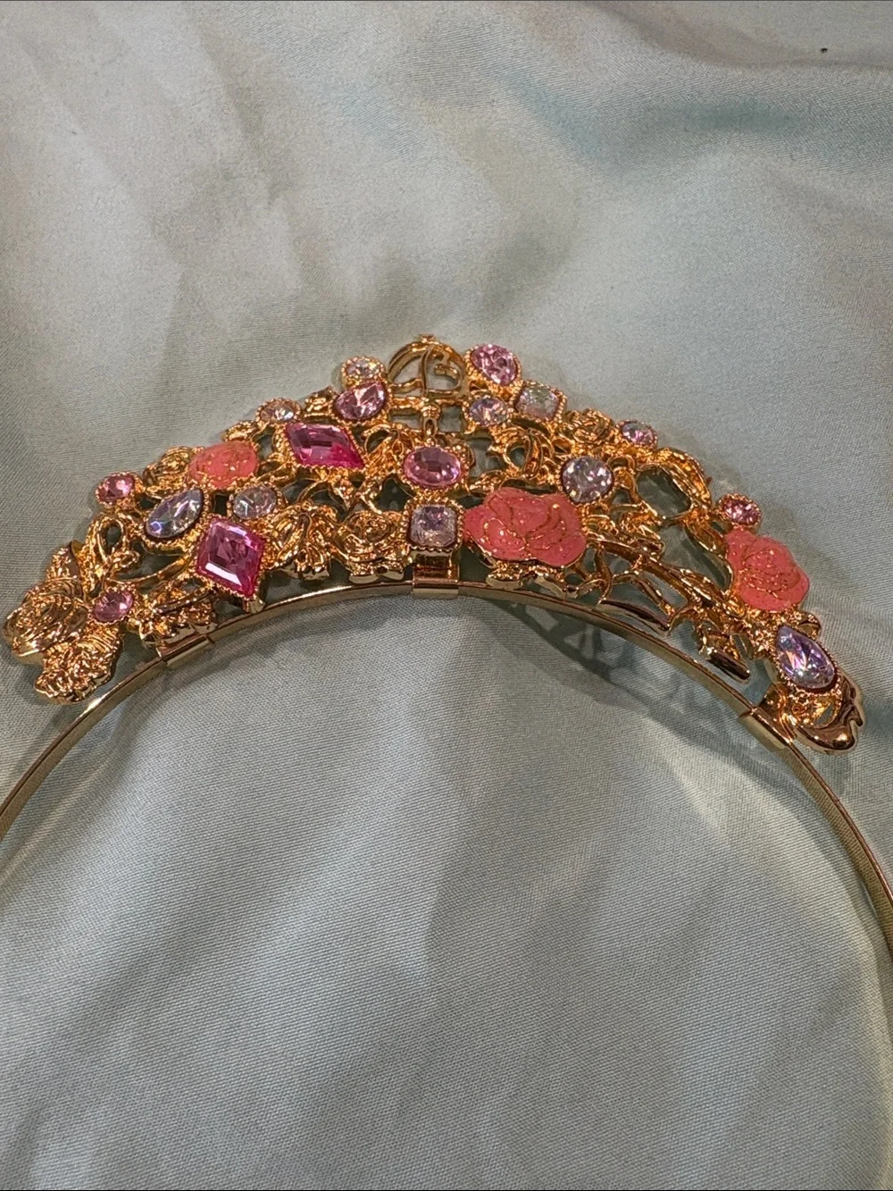 Disney Belle Gold-Tone Pink Floral Crystal Necklace and Headband Tiara Set